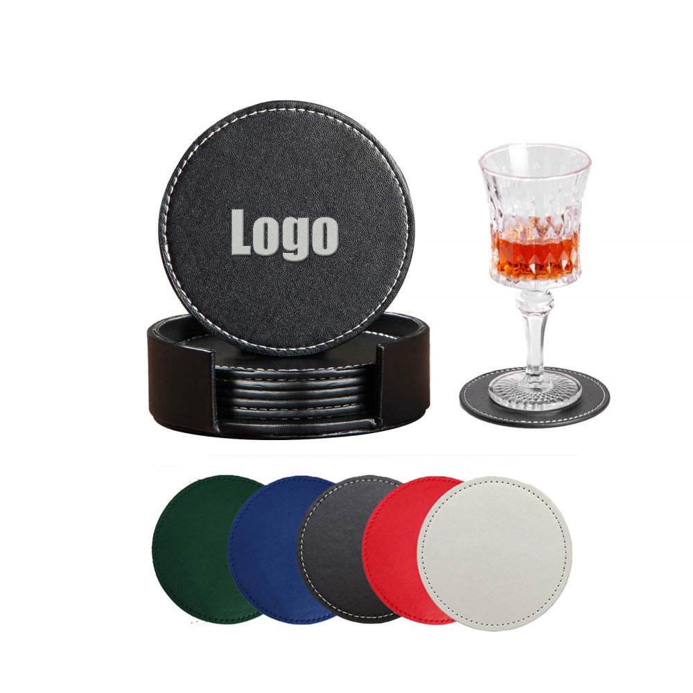 Logo Branded 6 Piece Double-sided Leather Round Cup Mat Set Logo Branded 6 Piece Double-sided Leather Round Cup Mat Set