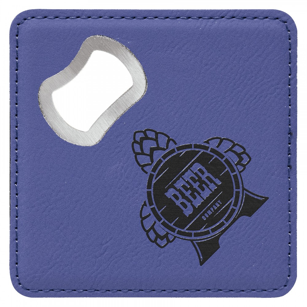 4" x 4" Square Purple Leatherette Coaster w/ Bottle Opener with Logo 4" x 4" Square Purple Leatherette Coaster w/ Bottle Opener with Logo