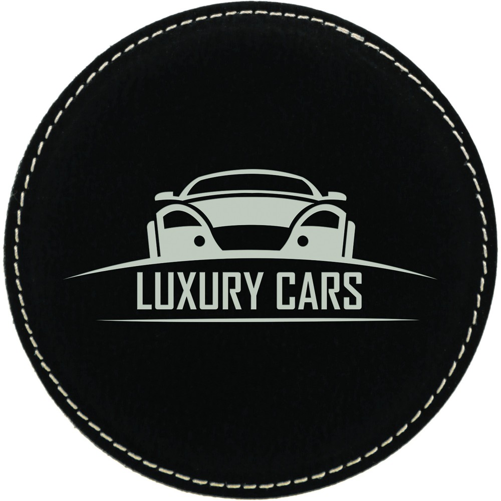 4" Round Black/Silver Leatherette Coaster with Logo
