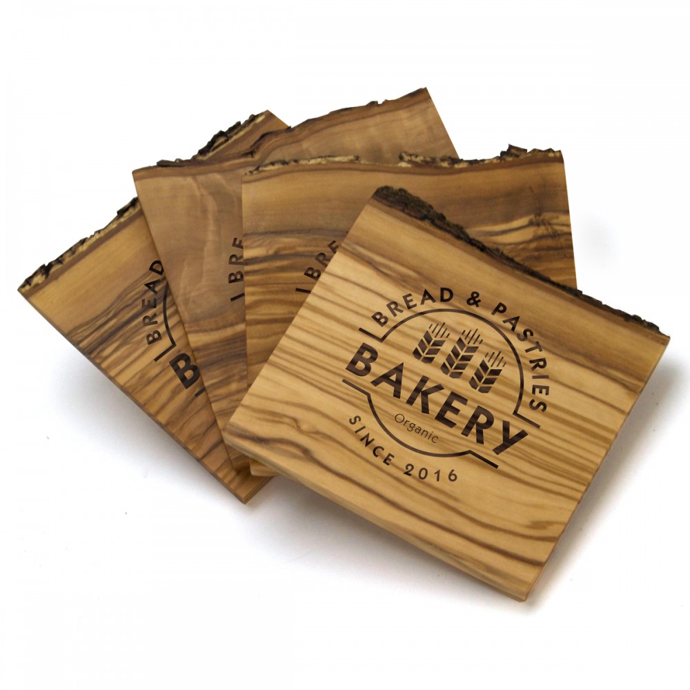 Logo Branded 4 Piece Natural Wood Coaster Set Logo Branded 4 Piece Natural Wood Coaster Set