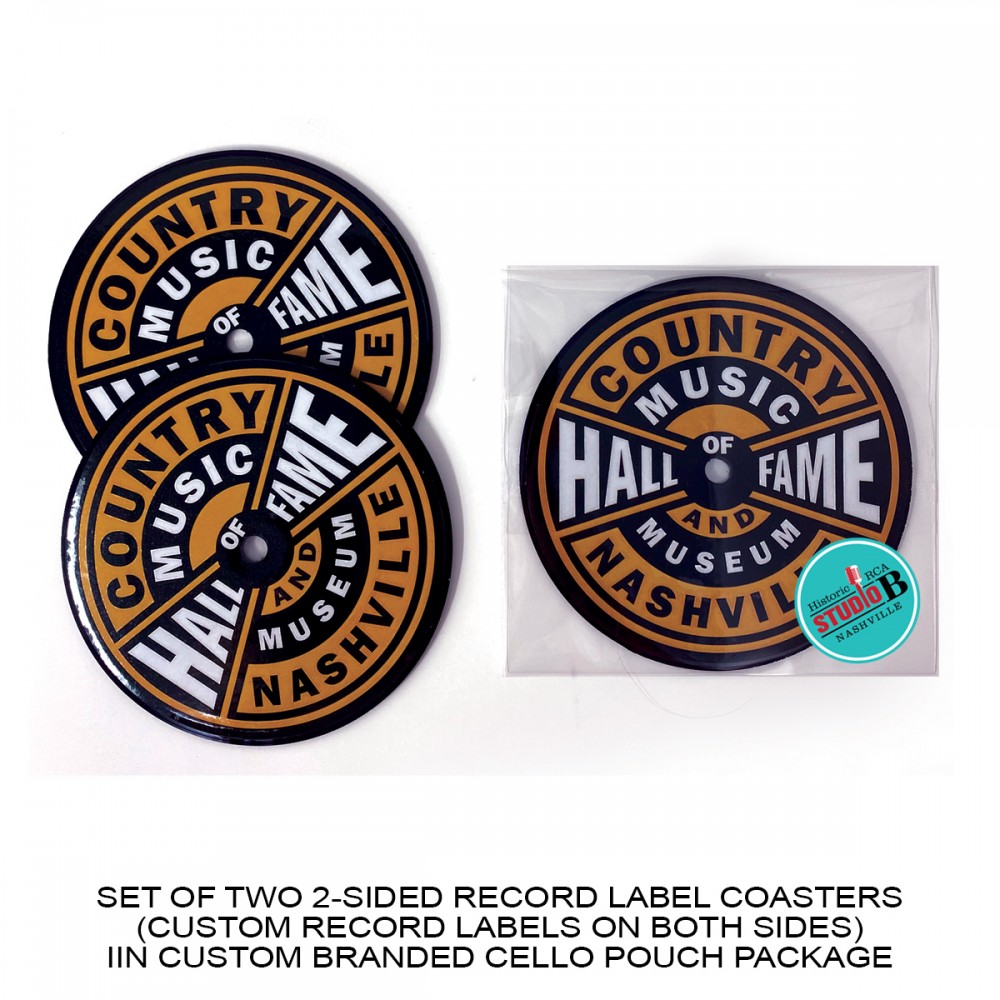Logo Branded 2-Sided Record Label Coasters - Set of 2 - Custom Cello Pouch (Label on Front)