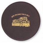 Promotional Top Grain Leather Round Coaster w/ Stitching & Vinyl Base (Domestic)