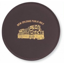 Promotional Top Grain Leather Round Coaster w/ Stitching & Vinyl Base (Domestic)