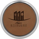 3 5/8" Round Dark Brown Laserable Leatherette Coaster w/ Silver Edge Logo Branded
