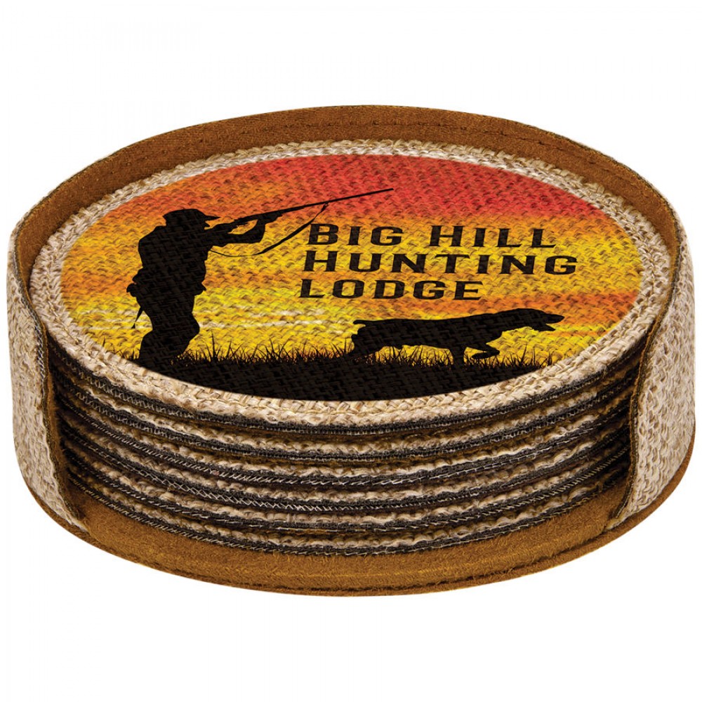 Custom 4" x 4" - Round Burlap Coaster Set and Holder Custom 4" x 4" - Round Burlap Coaster Set and Holder