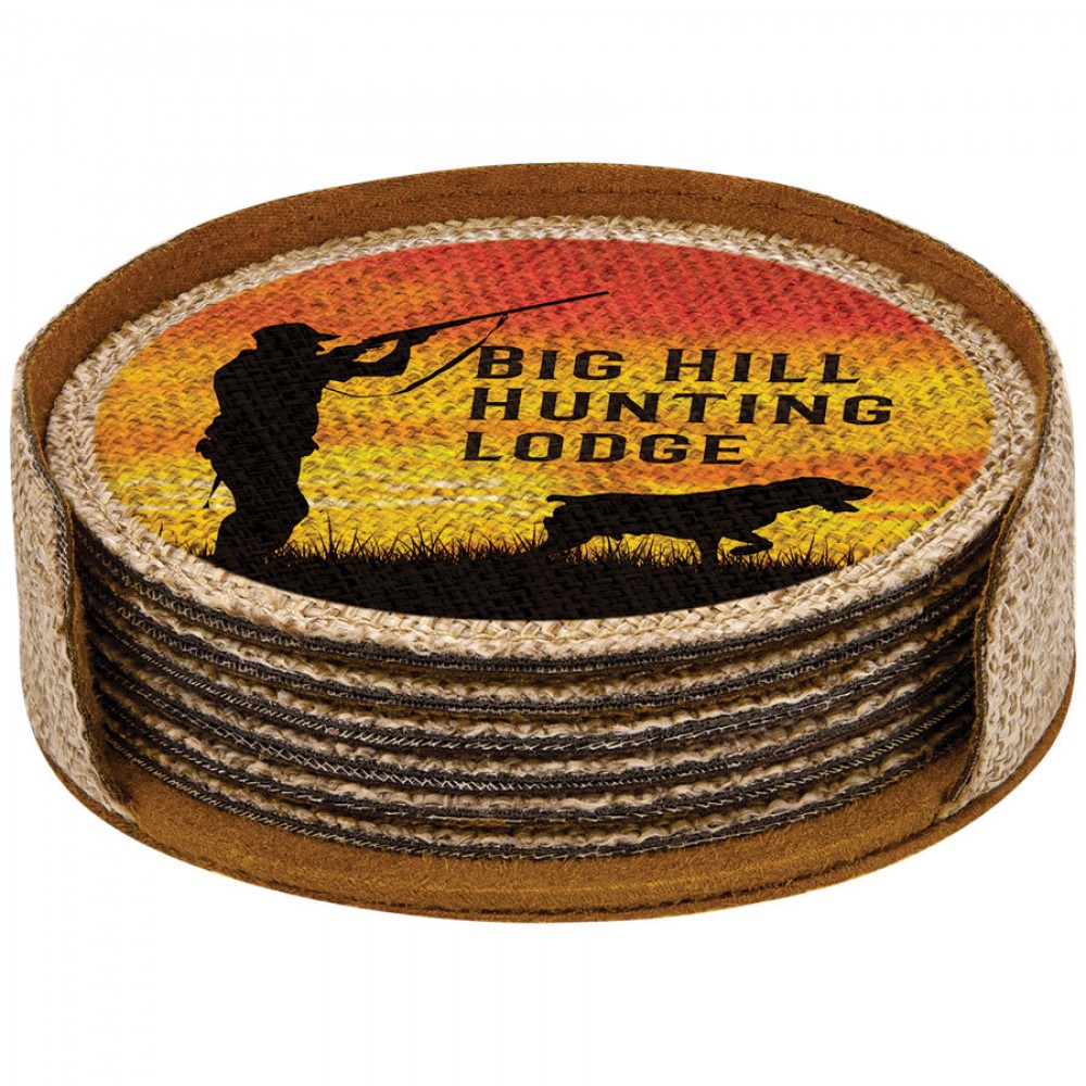 Custom 4" x 4" - Round Burlap Coaster Set and Holder