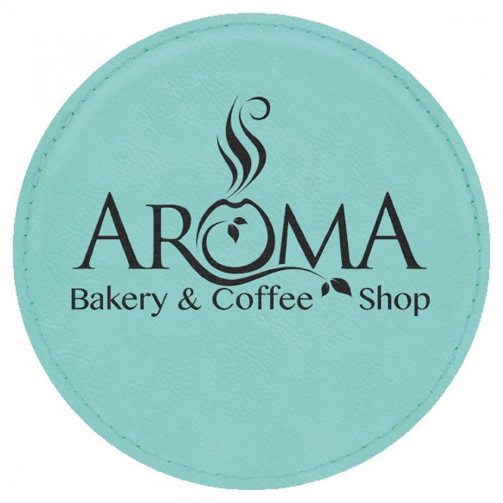 Round Coaster, Teal Faux Leather, 4" Dia with Logo Round Coaster, Teal Faux Leather, 4" Dia with Logo