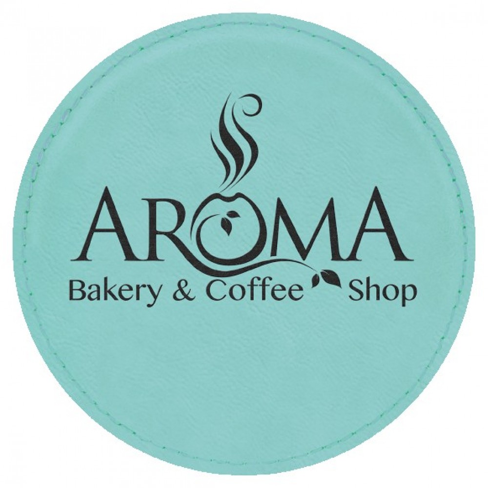 Round Coaster, Teal Faux Leather, 4" Dia with Logo