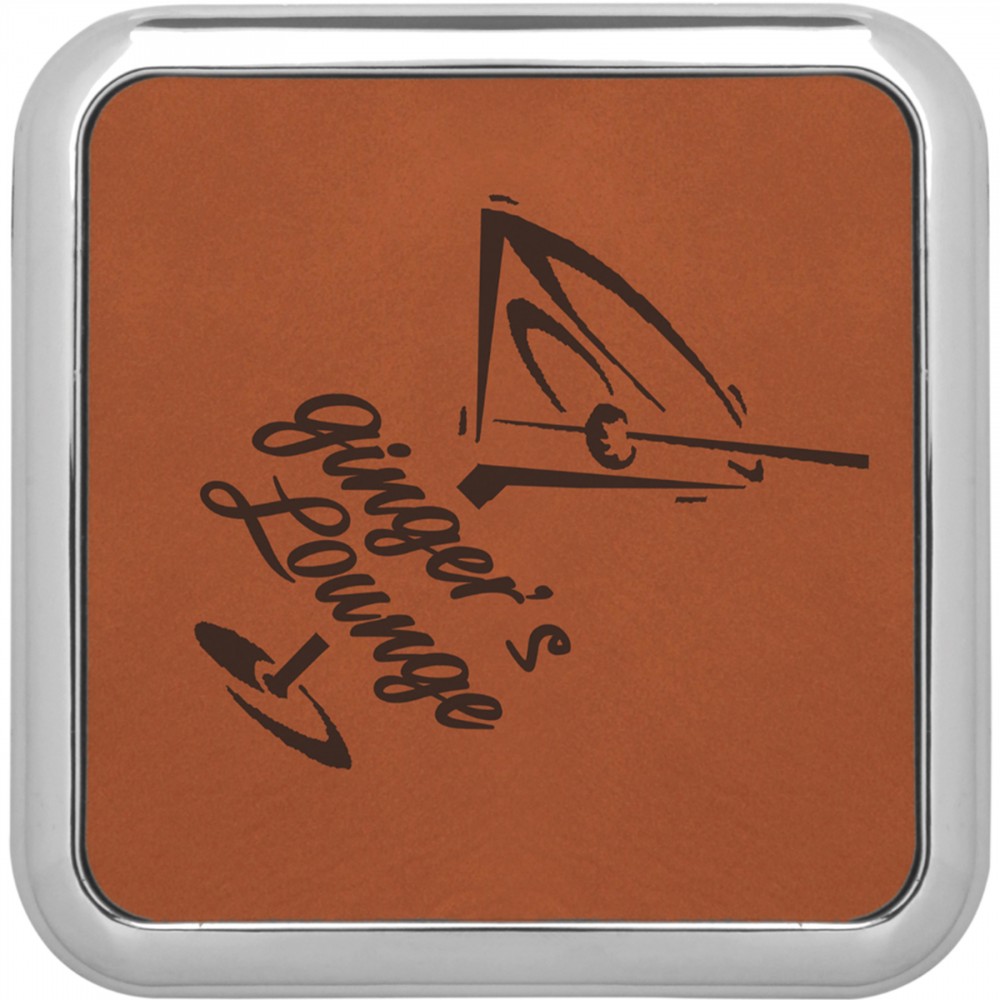 3 5/8" x 3 5/8" Square Rawhide Laserable Leatherette Coaster w/Silver Edge Custom Printed 3 5/8" x 3 5/8" Square Rawhide Laserable Leatherette Coaster w/Silver Edge Custom Printed