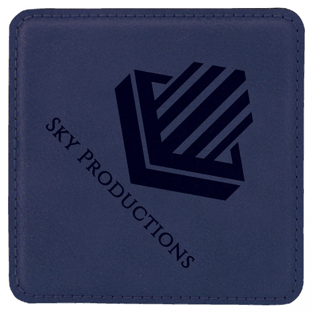 Square Coaster, Blue Faux Leather, 4x4" Custom Imprinted Square Coaster, Blue Faux Leather, 4x4" Custom Imprinted