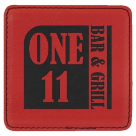 Square Coaster, Red Faux Leather, 4x4" with Logo