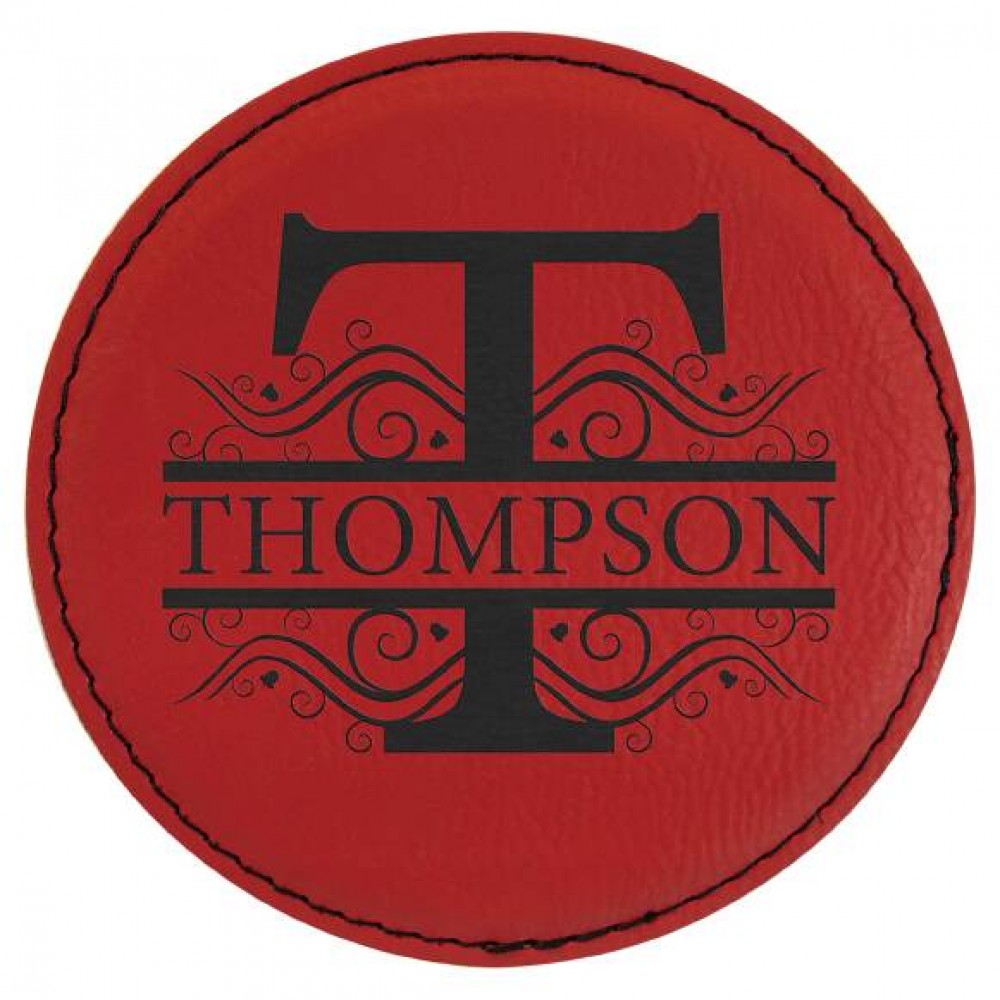 Round Coaster, Red Faux Leather, 4" Dia with Logo