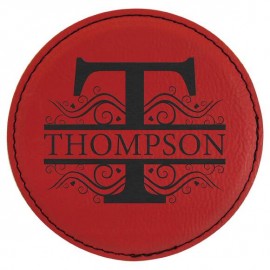 Round Coaster, Red Faux Leather, 4" Dia with Logo