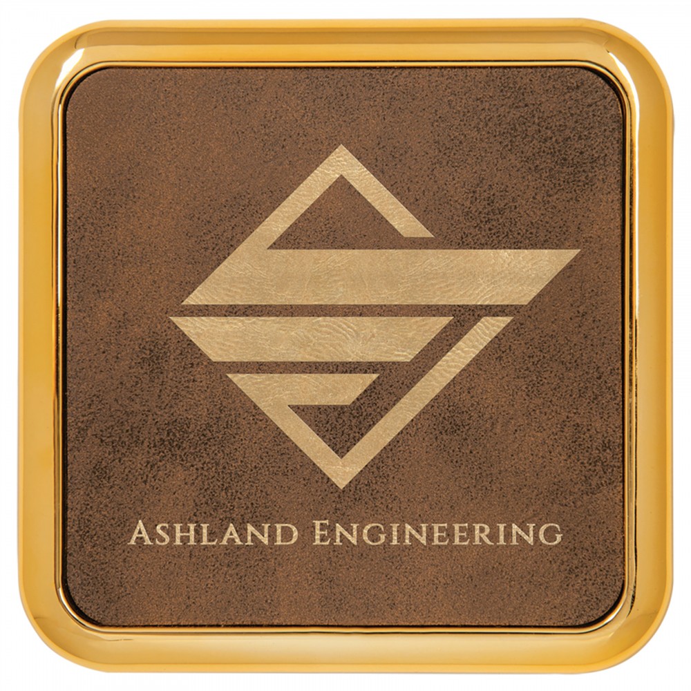 Custom Printed 3 5/8"x 3 5/8" Square Rustic/Gold Laserable Leatherette Coaster w/Gold Edge Custom Printed 3 5/8"x 3 5/8" Square Rustic/Gold Laserable Leatherette Coaster w/Gold Edge