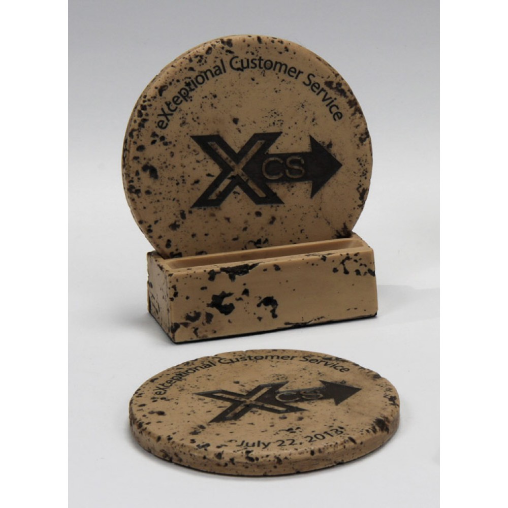 Promotional 2-Pc Round Travertine-Texture Coaster Set w/Base w/Wash