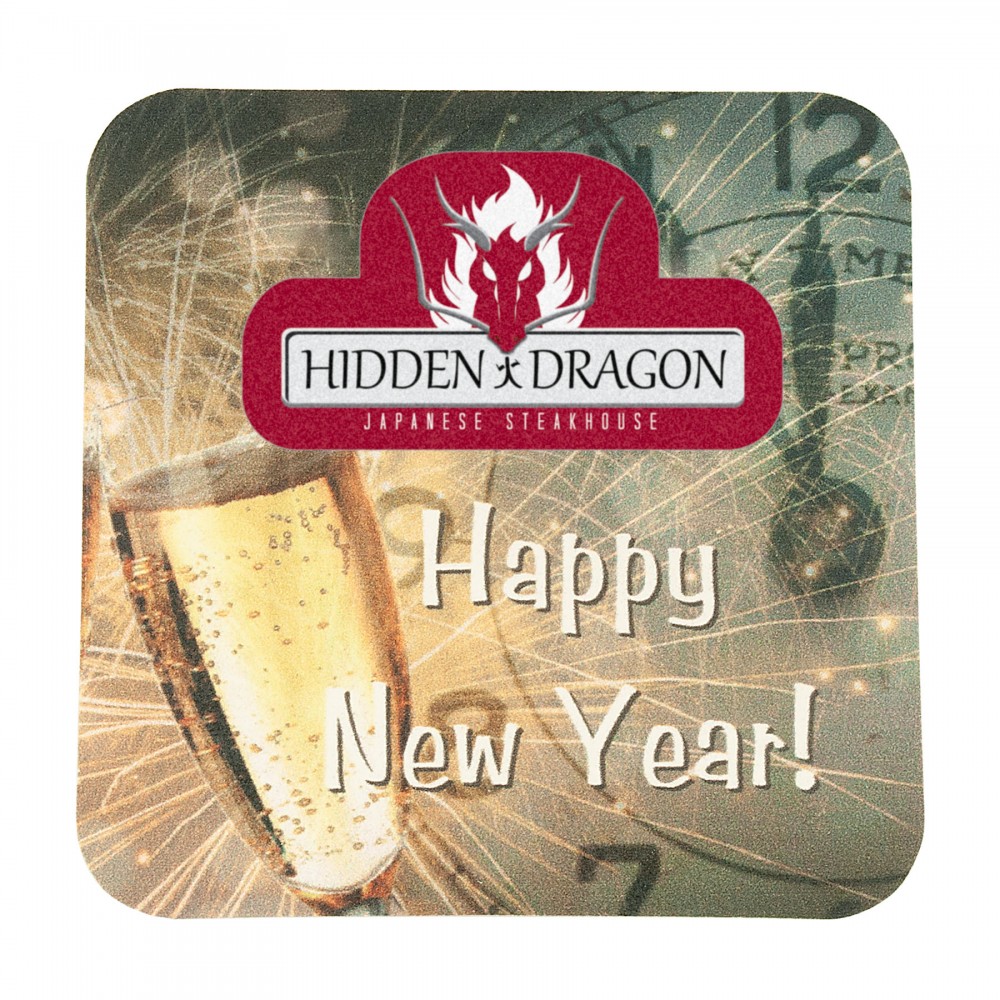 Logo Branded Full Color Process 40 Point New Year's Eve Pulp Board Coaster