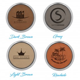 3 5/8" Leatherette Coaster Set with Silver Trim (Single Coaster) with Logo  3 5/8" Leatherette Coaster Set with Silver Trim (Single Coaster) with Logo