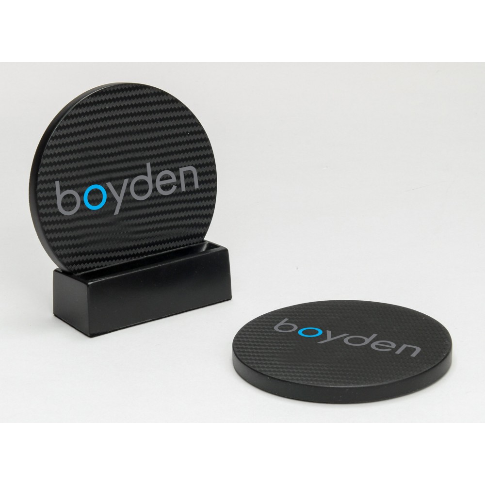 2-Pc Round Carbon Fiber-Texture Coaster Set w/Base (UV Print) with Logo