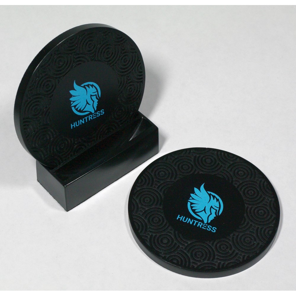 2-Pc Round Swirl Pattern Coaster Set w/Base with Logo