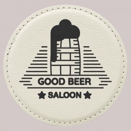 4" Round Laserable Coaster, White Leatherette with Logo