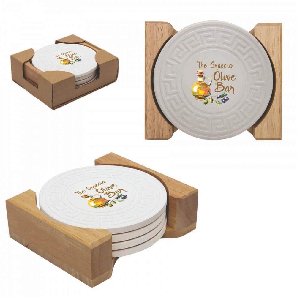 Round Greek Key Absorbent Stone Coaster Set with Logo