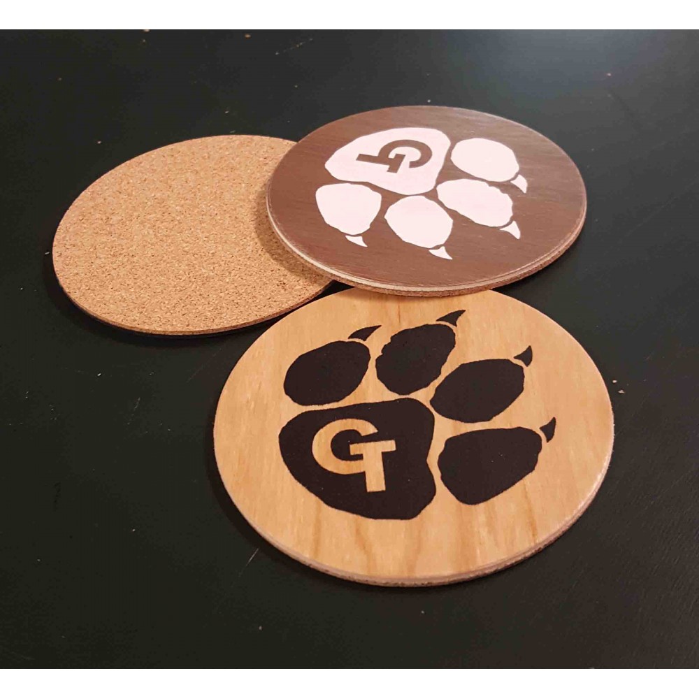 Logo Branded 3.5" Printed Promotional Thick Veneer Coasters with Cork Backing - USA-Made Logo Branded 3.5" Printed Promotional Thick Veneer Coasters with Cork Backing - USA-Made