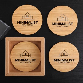 Custom Round Bamboo 4 Pc. Coaster Set In Box