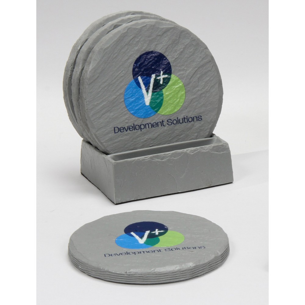 4-Pc Round Shale-Texture Coaster Set w/Base (UV Print) with Logo