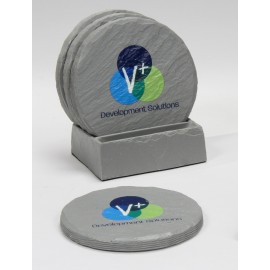 4-Pc Round Shale-Texture Coaster Set w/Base (UV Print) with Logo