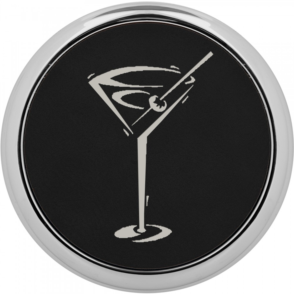 3 5/8" Round Black/Silver Vegan Leather Coaster w/ Silver Edge Custom Imprinted