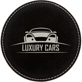 Promotional 4" Round Laserable Coaster, Black-Silver Leatherette