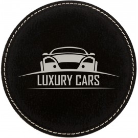 Custom 4" Round Laserable Coaster, Black-Silver Leatherette