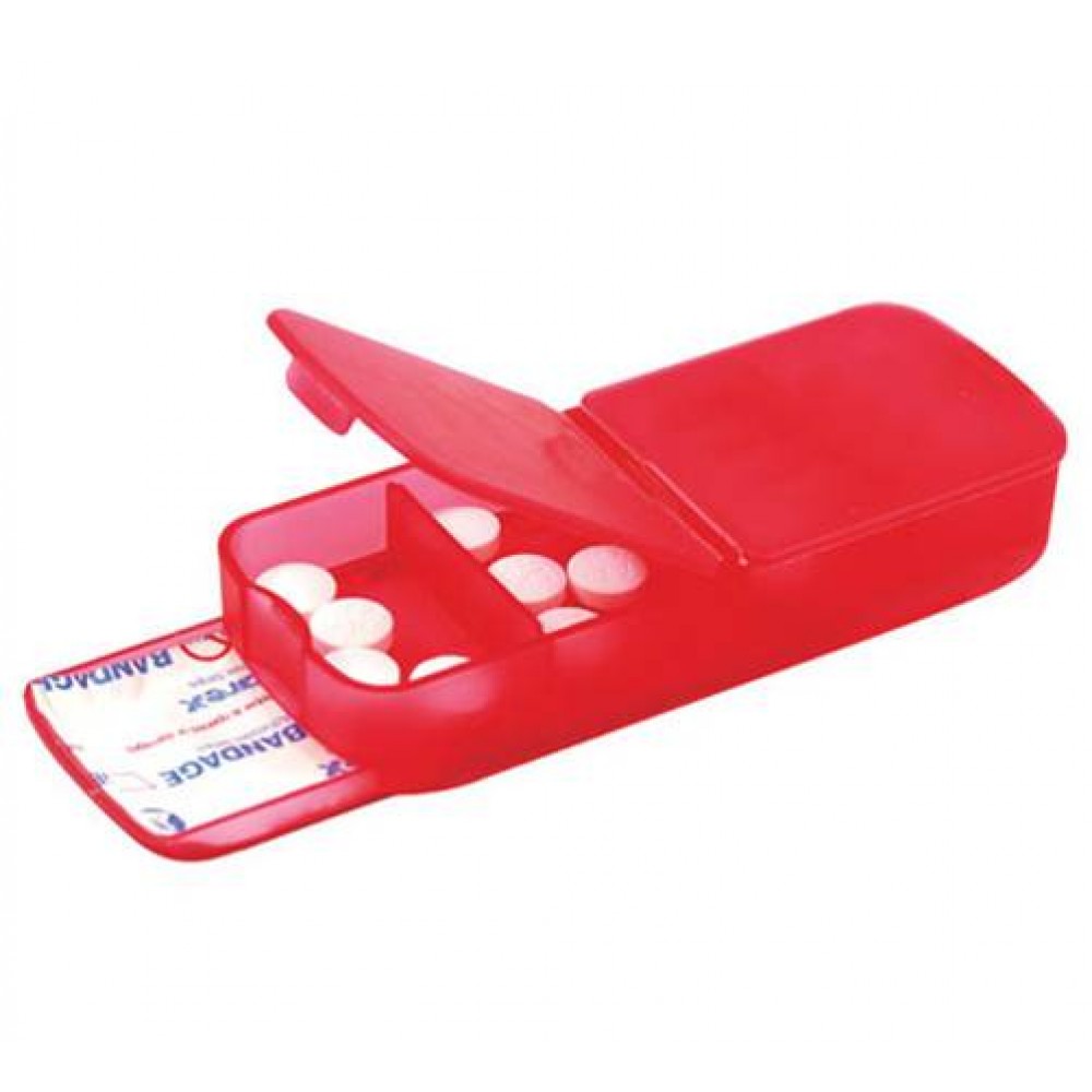 Pill Box - Four Compartment w/ Band Aid Tray Translucent Red Custom Imprinted