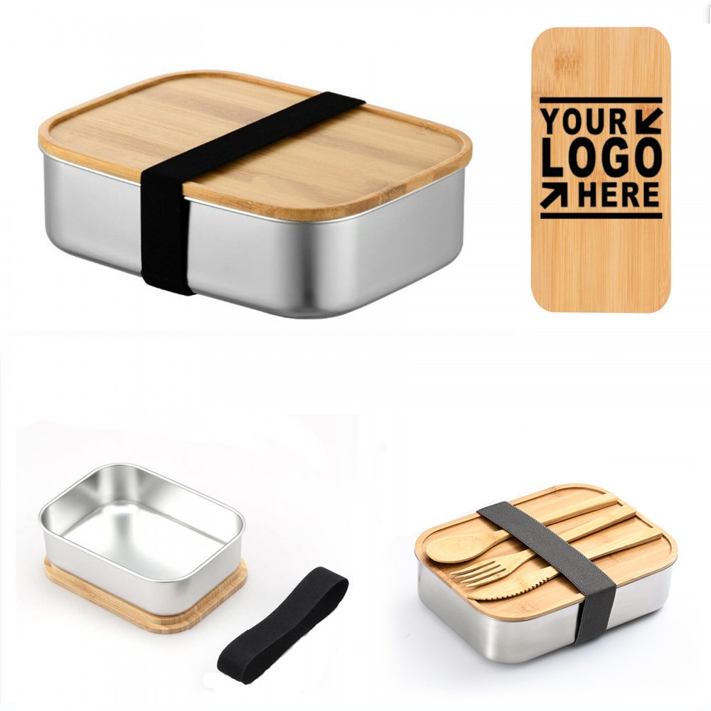 Custom Imprinted Stainless Steel Bamboo Bento Box w/ Tableware Set (1500ml)