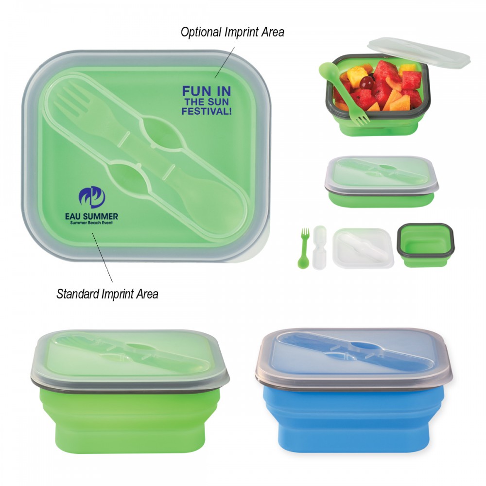 Collapsible Food Container With Dual Utensil Logo Branded Collapsible Food Container With Dual Utensil Logo Branded