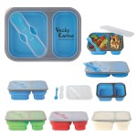 Collapsible 2-Section Food Container And Dual Utensil With Custom Handle Box Custom Imprinted