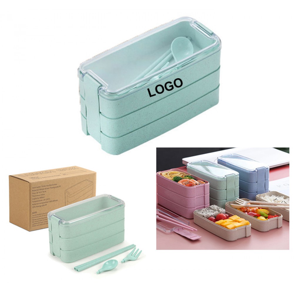 Custom Imprinted 3-Tiers Wheat Straw Fiber Lunchbox with Spoon and Fork Custom Imprinted 3-Tiers Wheat Straw Fiber Lunchbox with Spoon and Fork