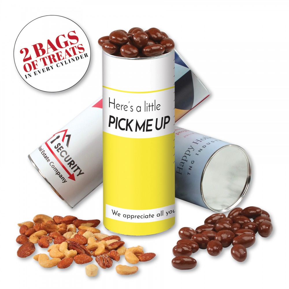 Cylinder w/Chocolate Covered Almonds & Deluxe Mixed Nuts Custom Printed Cylinder w/Chocolate Covered Almonds & Deluxe Mixed Nuts Custom Printed