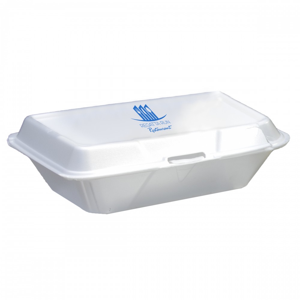 White Foam Hinged Clamshell Takeout and Delivery Food Service Custom Printed White Foam Hinged Clamshell Takeout and Delivery Food Service Custom Printed