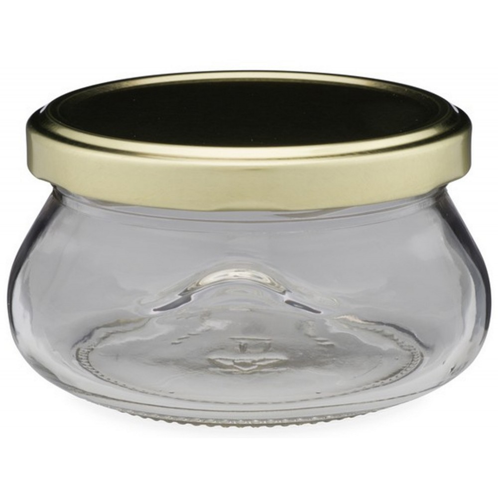 Custom Imprinted 7oz Clear Glass Squat Bulb Jars with Gold Metal Lug Cap