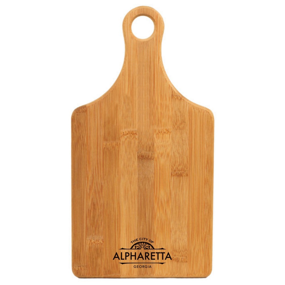 Logo Branded Bamboo Cutting Board With Handle 7 x 13.5 x .5" Logo Branded Bamboo Cutting Board With Handle 7 x 13.5 x .5"