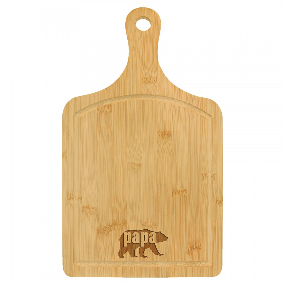 9" x 15.5" Paddle Shaped Bamboo Wood Cutting Board w/Drip Ring with Logo
