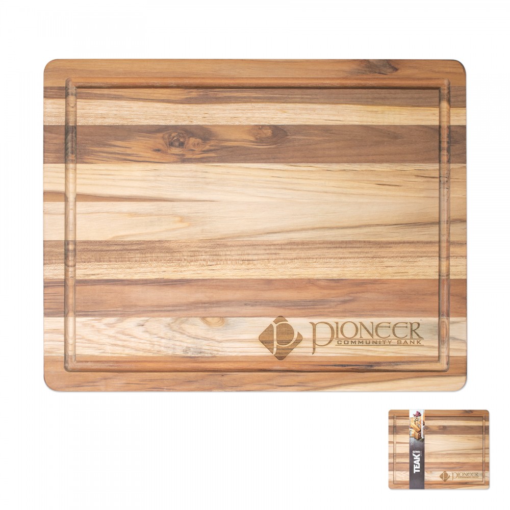 18" X 14" Teak Wood Cutting Board with Juice Groove with Logo