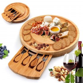 Custom Round Bamboo Cheese Board with Slide Out Drawer & Knives