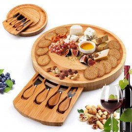 Round Bamboo Cheese Board with Slide Out Drawer & Knives with Logo