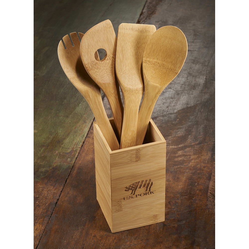 Customized Bamboo 4-piece Kitchen Tool Set and Canister