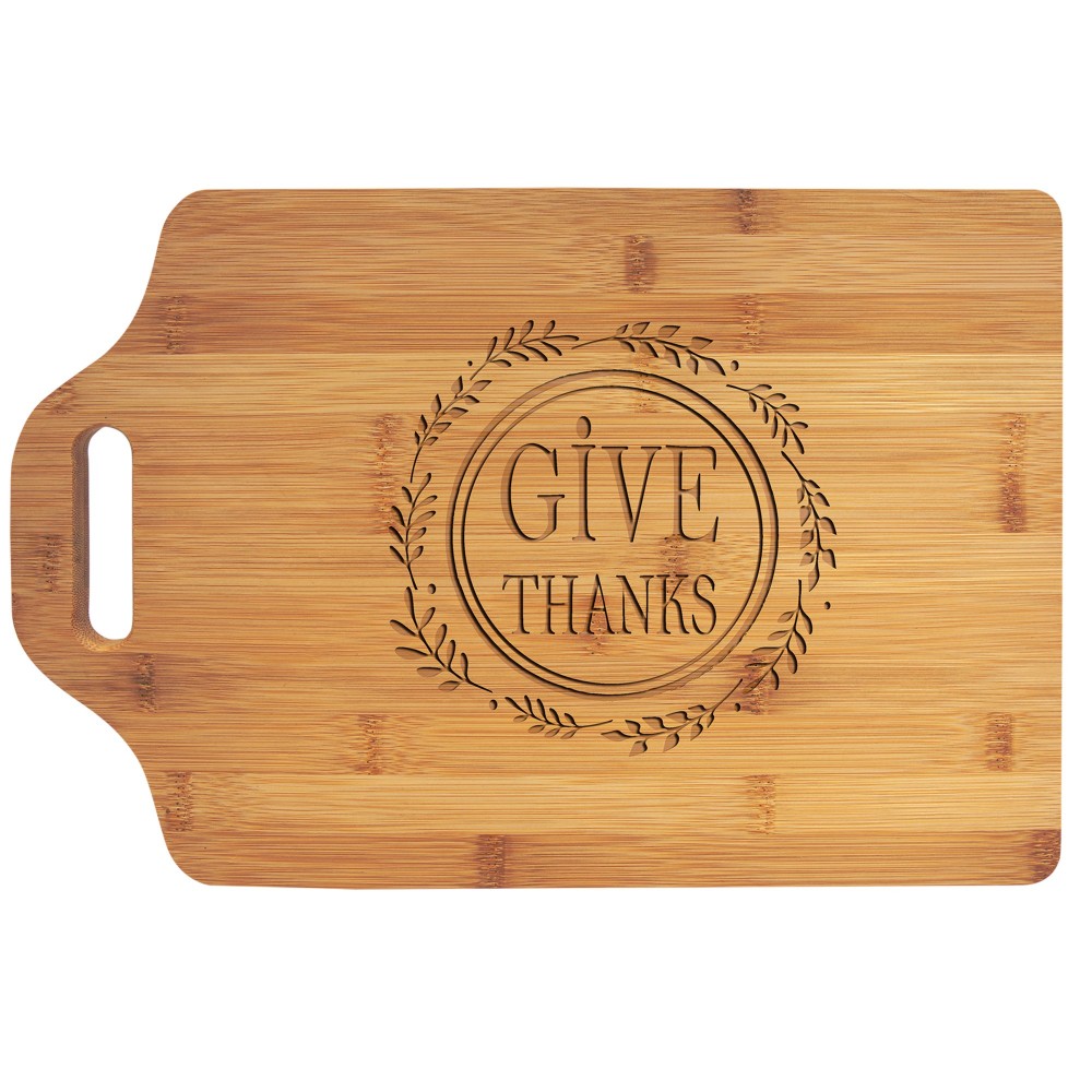 Logo Branded 15" x 10 1/4" Bamboo Cutting Board with Handle Logo Branded 15" x 10 1/4" Bamboo Cutting Board with Handle