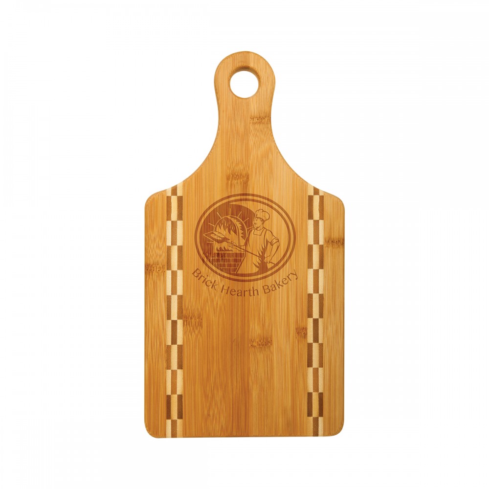 13" x 7" Paddle Shaped Bamboo Cutting Board w/ Butcher Block Inlay with Logo