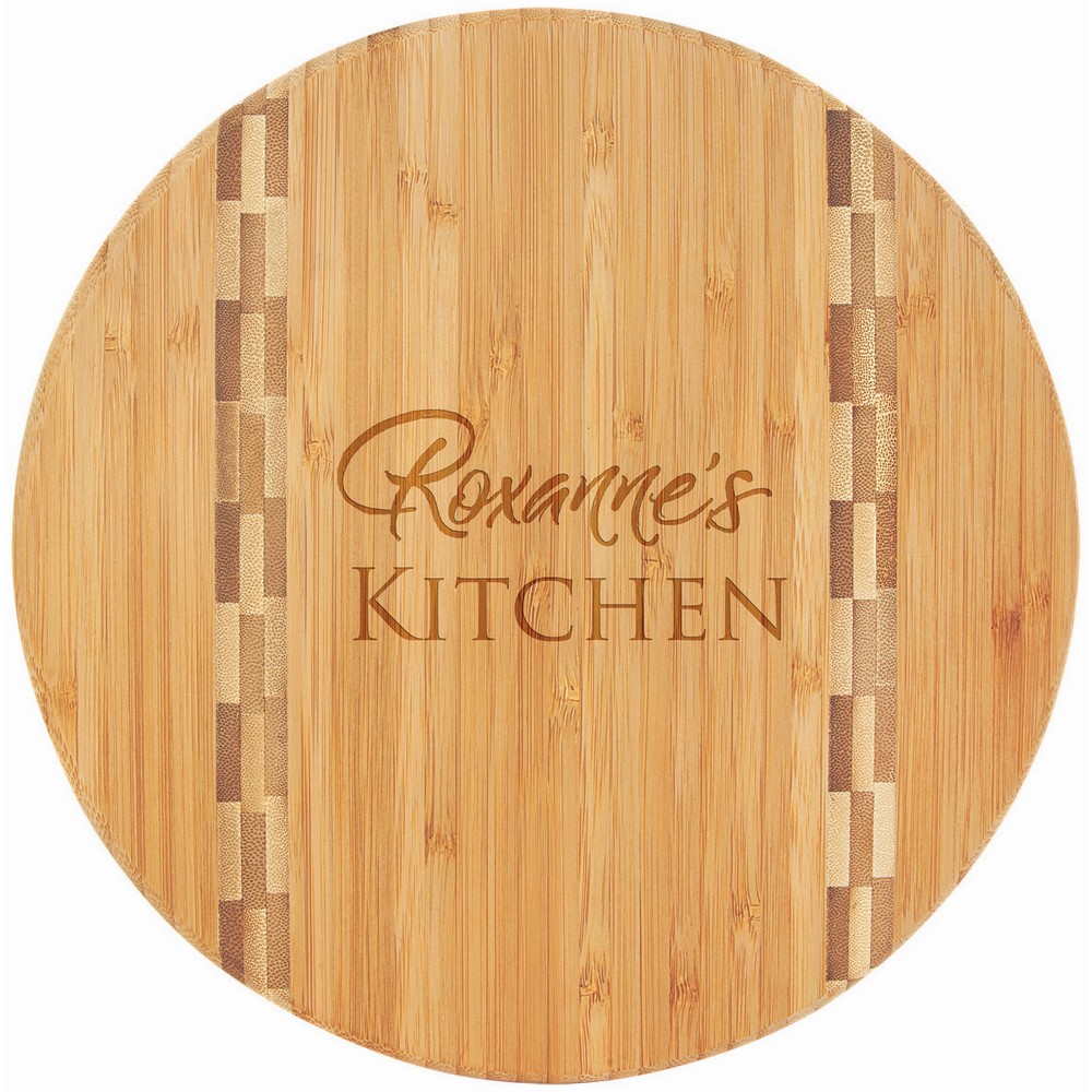 Custom Engraved 9 3/4" Round Bamboo Cutting Board with Butcher Block Inlay Custom Engraved 9 3/4" Round Bamboo Cutting Board with Butcher Block Inlay