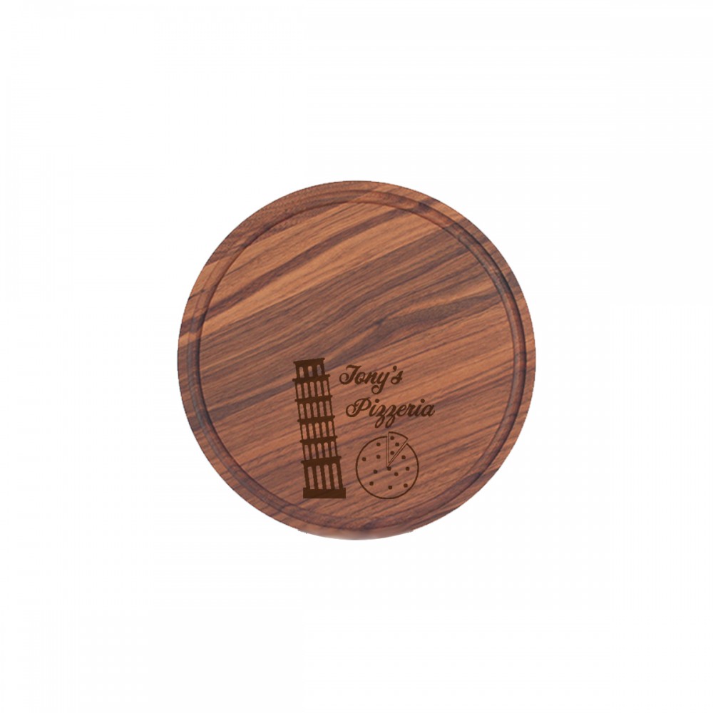 Promotional 13 1/2" Walnut Round Cutting Board with Juice Groove